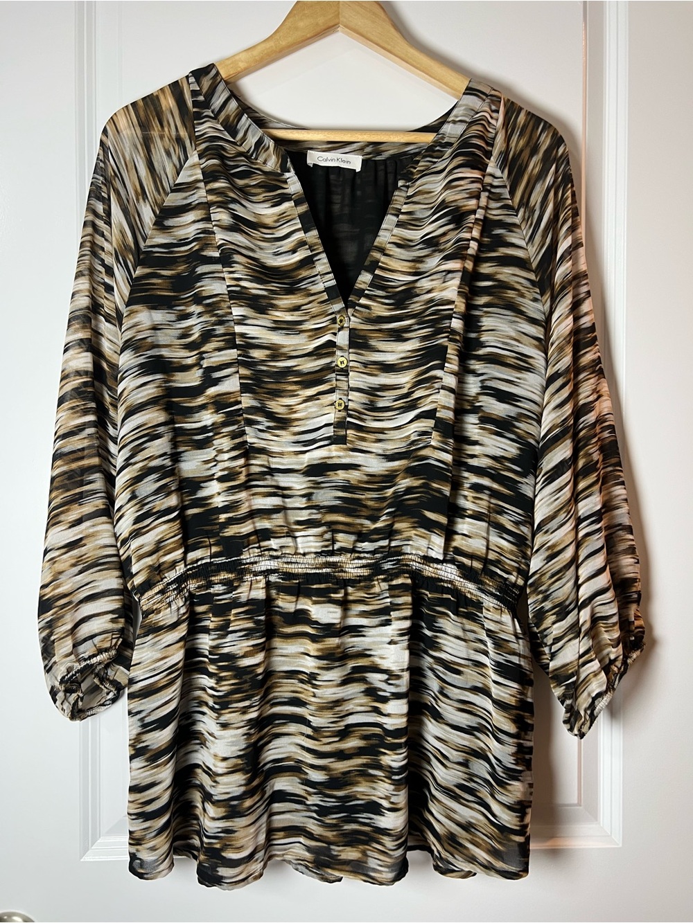 [Calvin Klein] Black, Cream & Tan Striped V-Neck Peplum Blouse